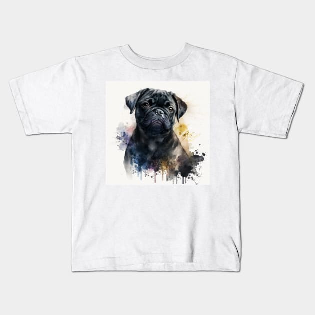 Black Pug Watercolour Style Painting Kids T-Shirt by TheArtfulAI